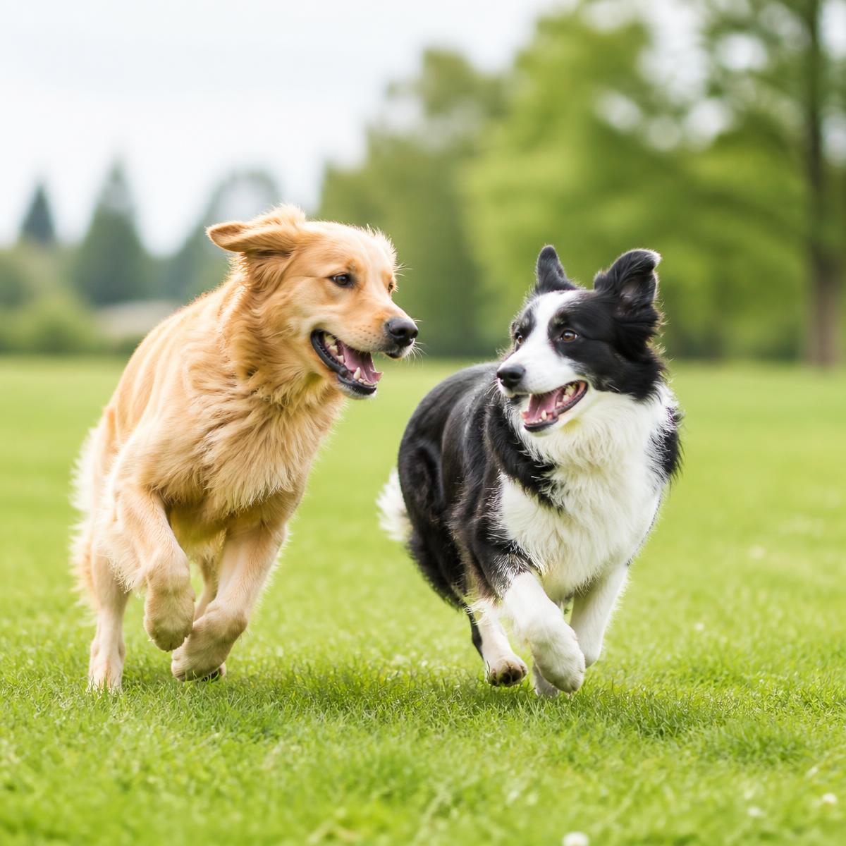 Deux chiens qui courent joyeusement dans un parc
